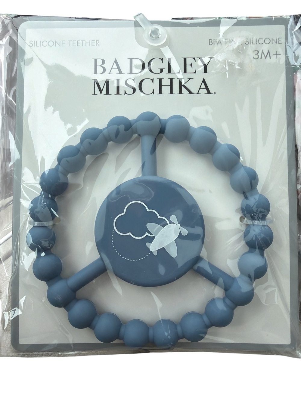 Badgley Mischka Blue Silicone Baby Teether Ring with Airplane Motif